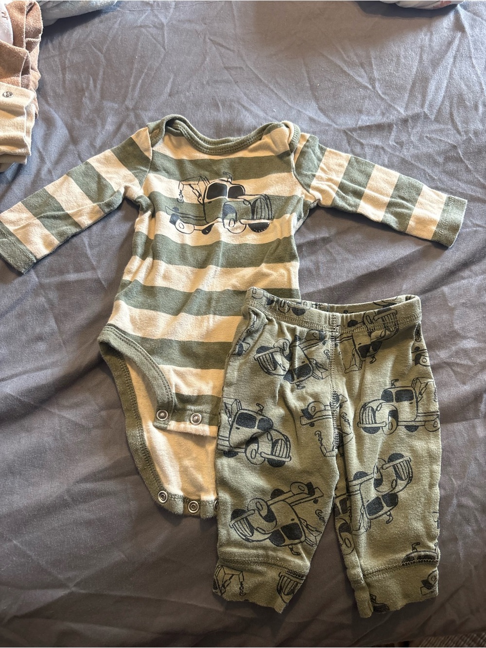 Carter's Olive Green Stripe Bodysuit with Car-Print Pants